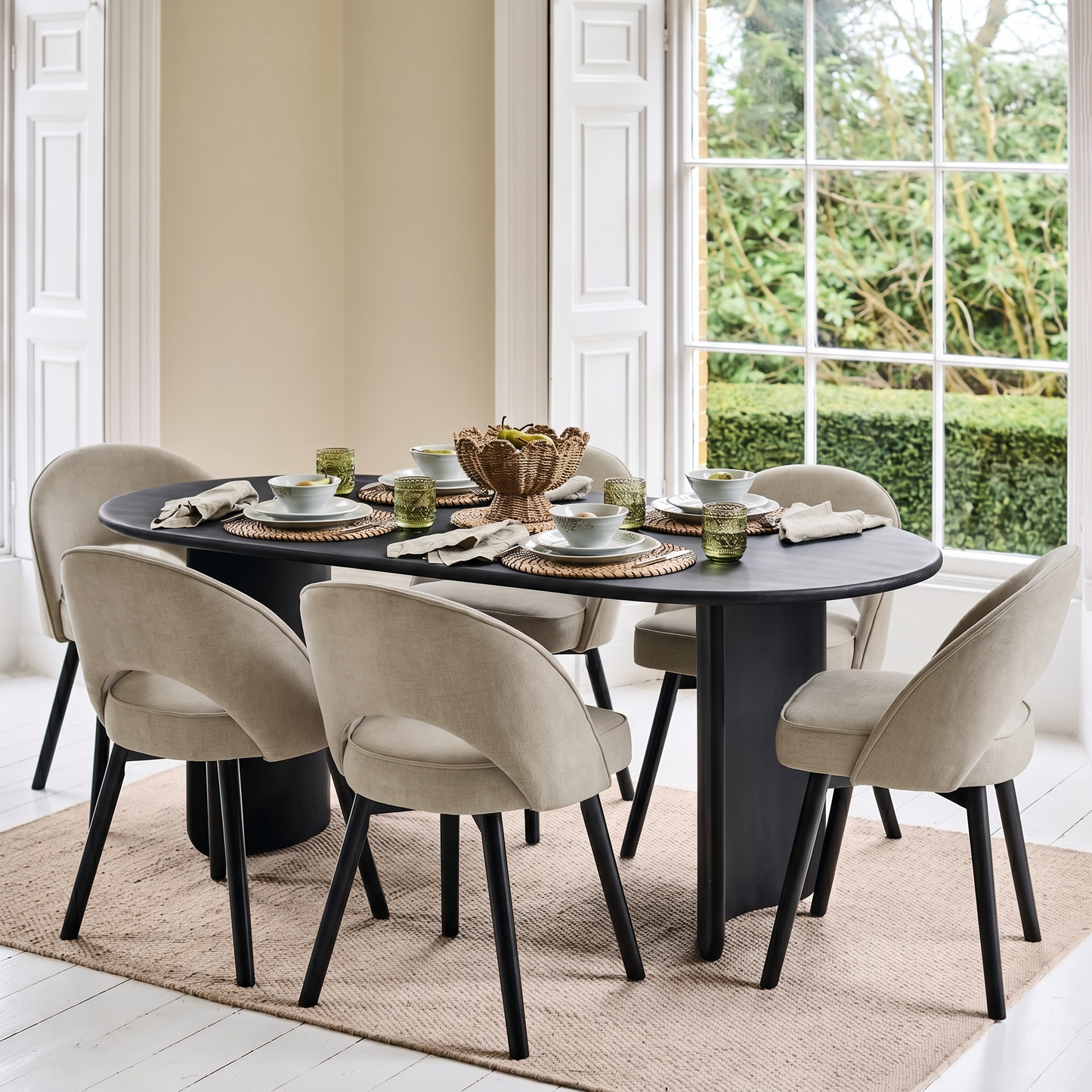 Imogen 190cm Black Mango Wood Dining Table Set  - 6 Seater - Marilyn Soft Beige Dining Chairs - Black Oak Legs - Laura James