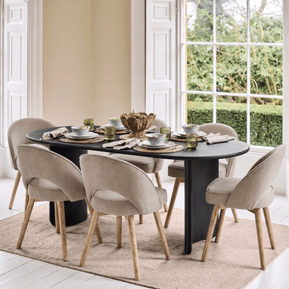 Imogen 190cm Black Mango Wood Dining Table Set  - 6 Seater - Marilyn Soft Beige Dining Chairs - Chalked Mango Wood Legs - Laura James 