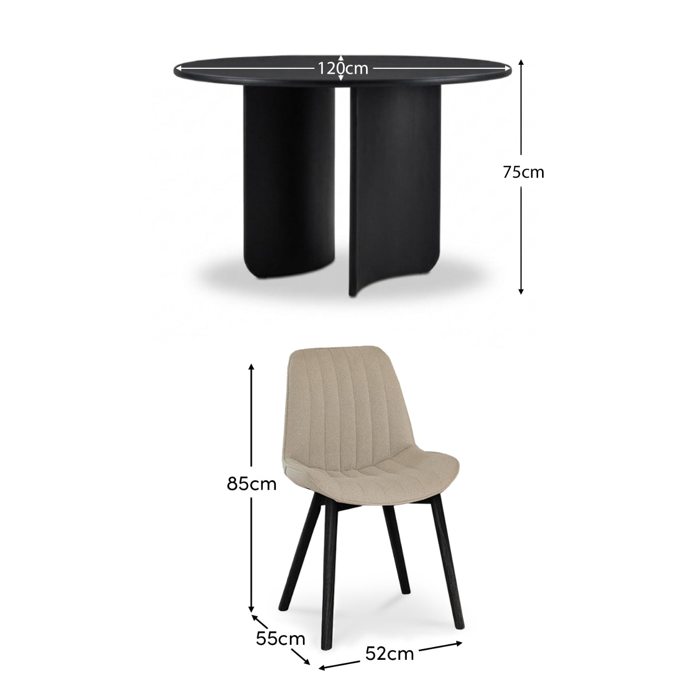 Imogen 120cm Chalked Mango Wood Round Dining Table Set - 4 Seater - Bella Boucle Dining Chairs - Black Oak Legs - Laura James