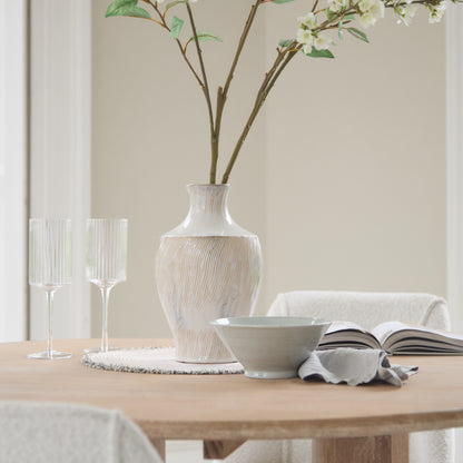 Imogen 120cm Chalked Mangowood  Round Dining Table Set - 4 Seater - Freya Oat Boucle Dining Chairs - Chalked Mangowood Legs - Laura James