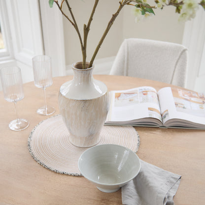 Imogen 120cm Chalked Mangowood  Round Dining Table Set - 4 Seater - Freya Oat Boucle Dining Chairs - Chalked Mangowood Legs - Laura James