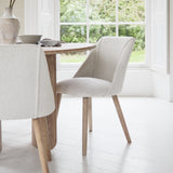 Imogen 120cm Chalked Mangowood  Round Dining Table Set - 4 Seater - Freya Oat Boucle Dining Chairs - Chalked Mangowood Legs - Laura James