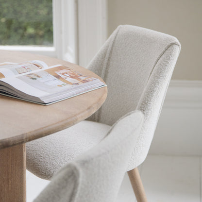 Imogen 120cm Chalked Mangowood  Round Dining Table Set - 4 Seater - Freya Oat Boucle Dining Chairs - Chalked Mangowood Legs - Laura James