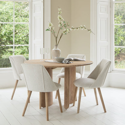 Imogen 120cm Chalked Mangowood  Round Dining Table Set - 4 Seater - Freya Oat Boucle Dining Chairs - Chalked Mangowood Legs - Laura James