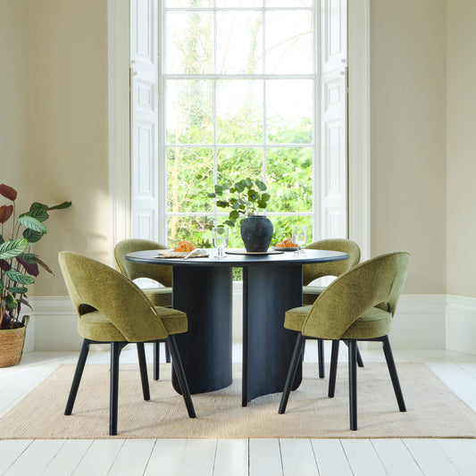 Imogen 120cm Chalked Mango Wood Round Dining Table Set  - 4 Seater - Marilyn Moss Green Dining Chairs - Black Legs - Laura James