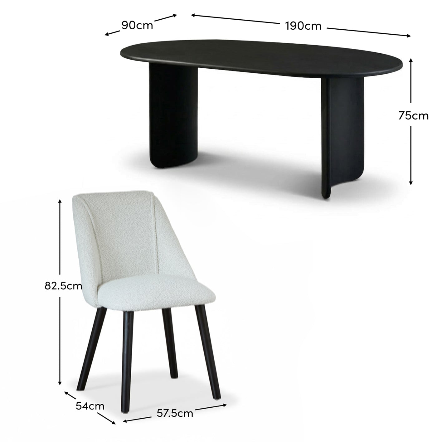 Imogen 190cm Jet Black Mangowood  Wooden Rectangular Dining Table Set - 6 Seater - Freya Oat Boucle Dining Chairs - Black Legs - Laura James