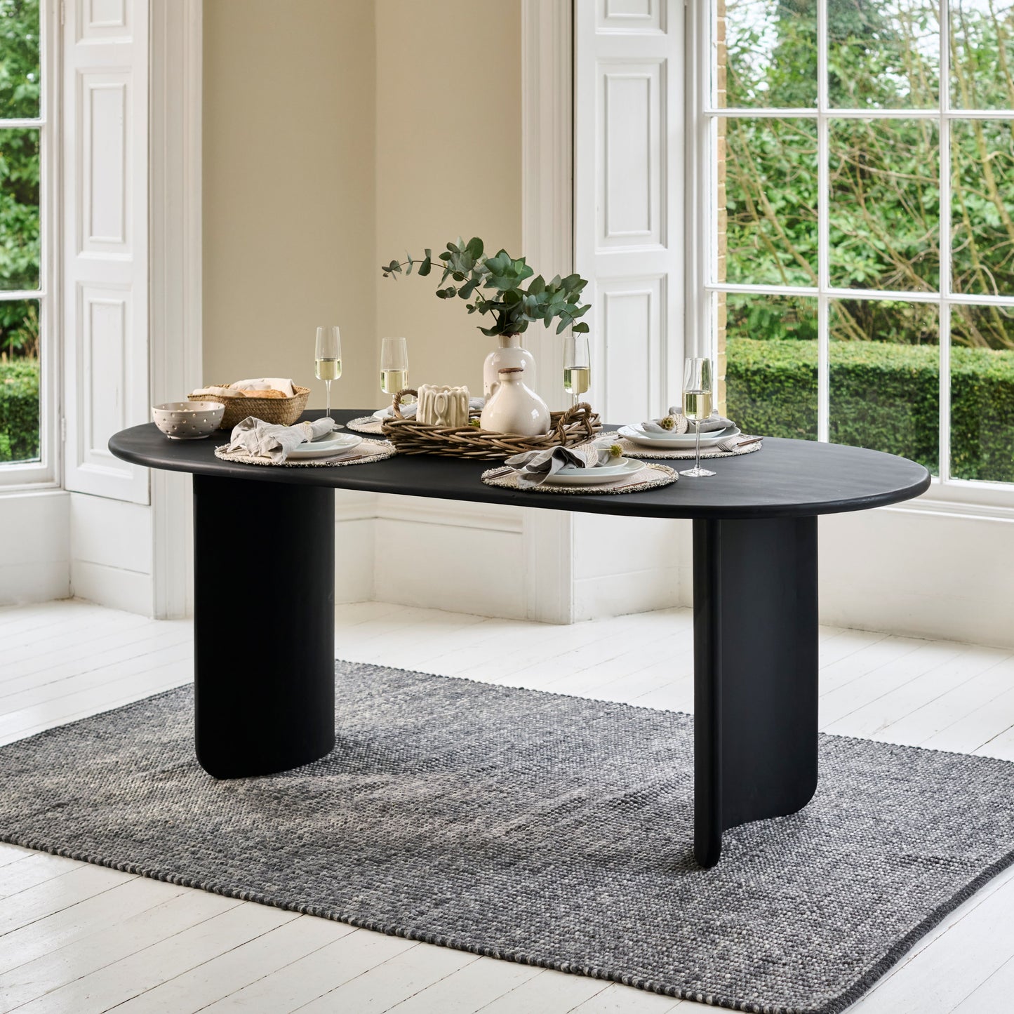 Imogen 190cm Jet Black Mango Wood Rectangular Dining Table Set - 6 Seater - Freya Oat Boucle Dining Chairs - Black Legs