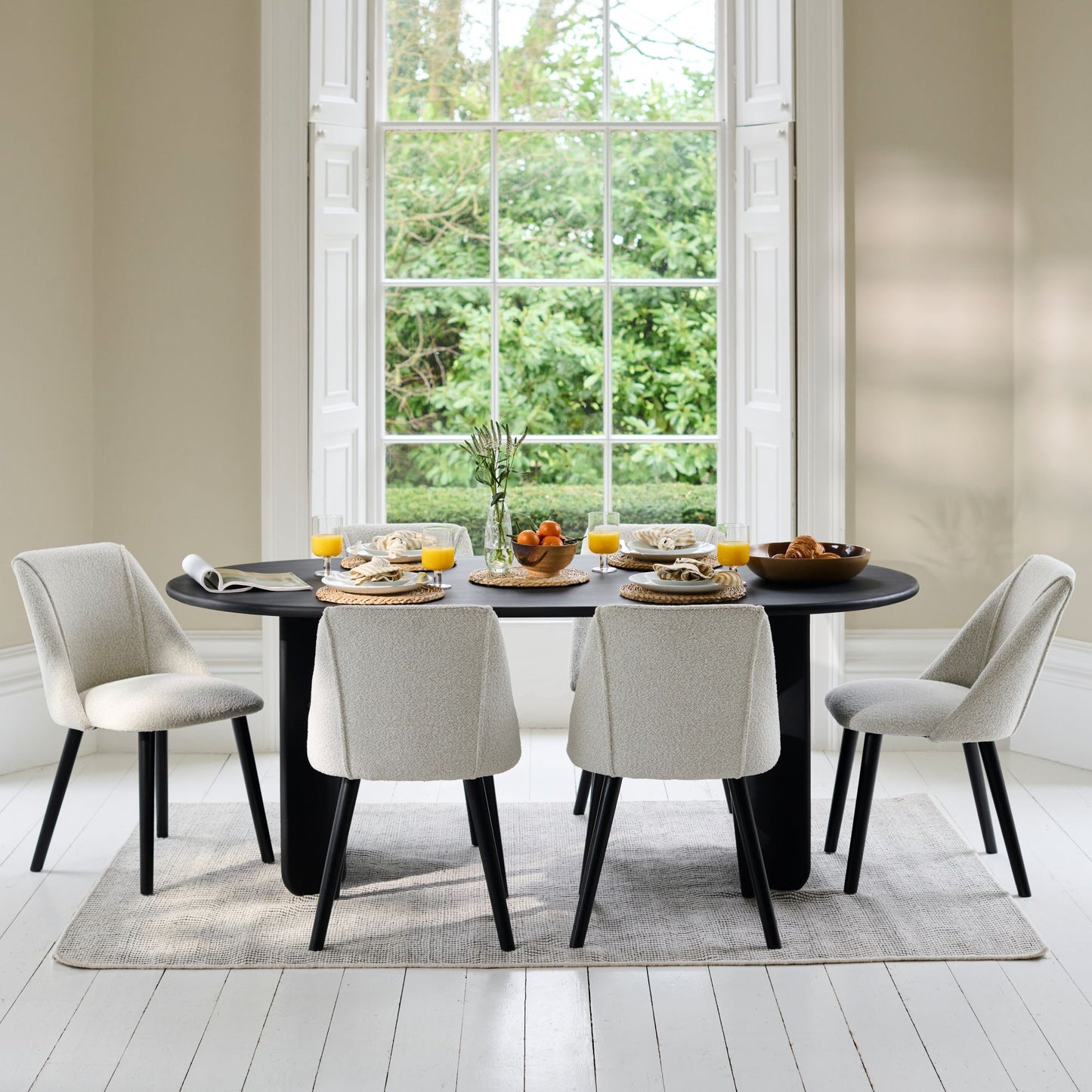 Imogen 190cm Jet Black Mangowood  Wooden Rectangular Dining Table Set - 6 Seater - Freya Oat Boucle Dining Chairs - Black Legs - Laura James