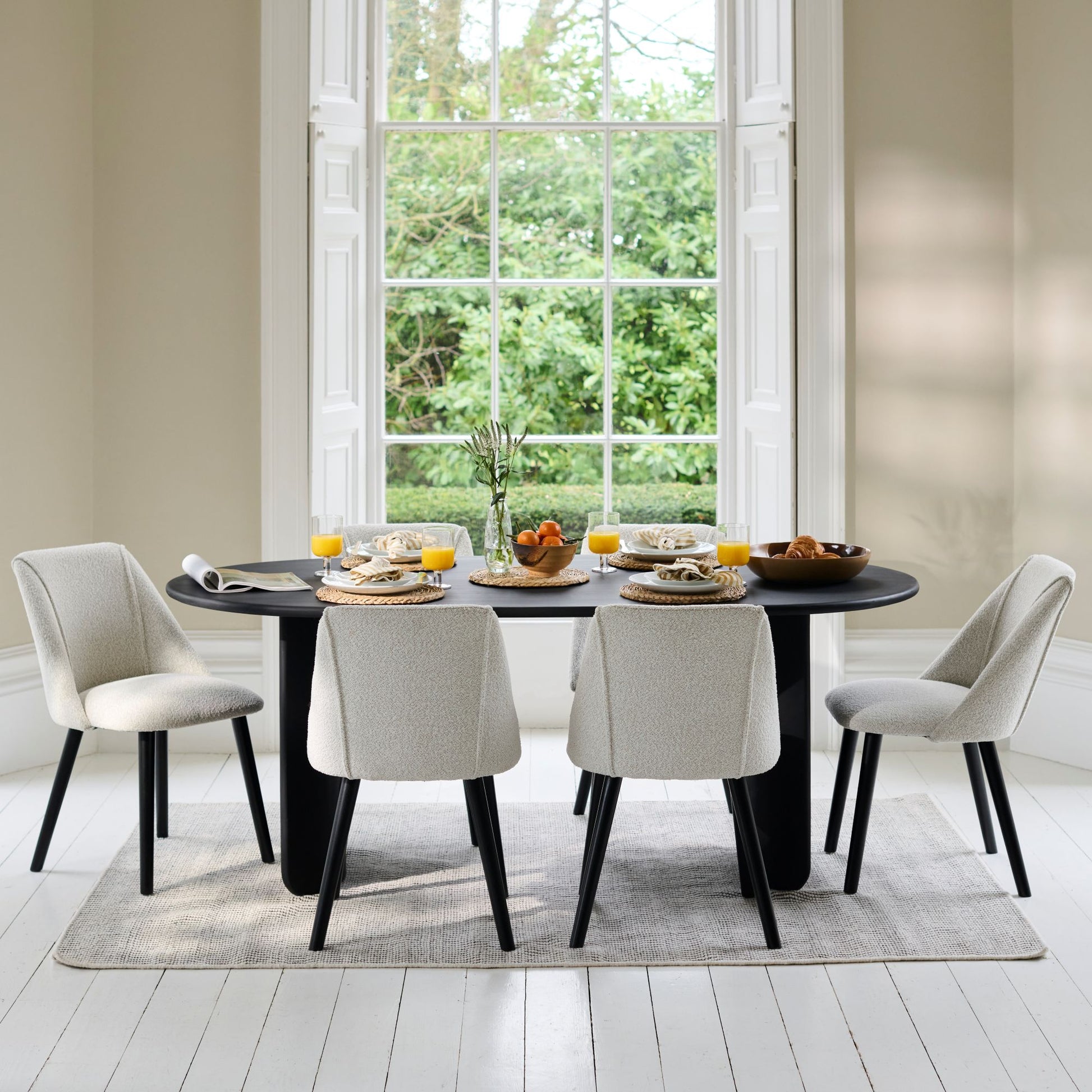 Imogen 190cm Jet Black Mangowood  Wooden Rectangular Dining Table Set - 6 Seater - Freya Oat Boucle Dining Chairs - Black Legs - Laura James