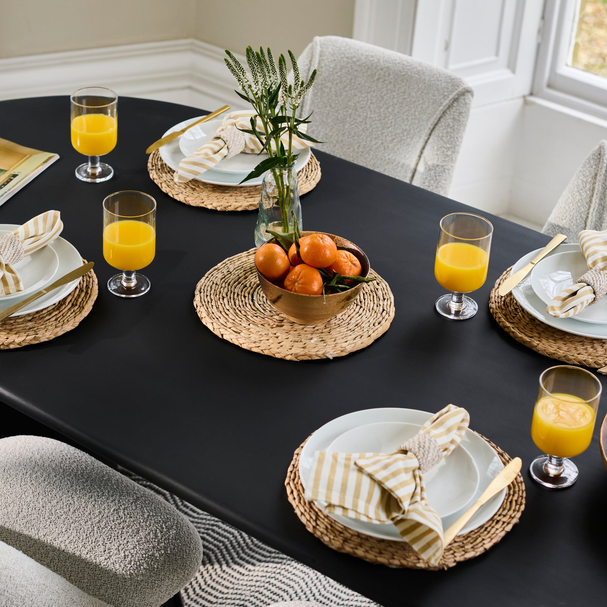 Imogen 190cm Jet Black Mangowood  Wooden Rectangular Dining Table Set - 6 Seater - Freya Oat Boucle Dining Chairs - Black Legs - Laura James