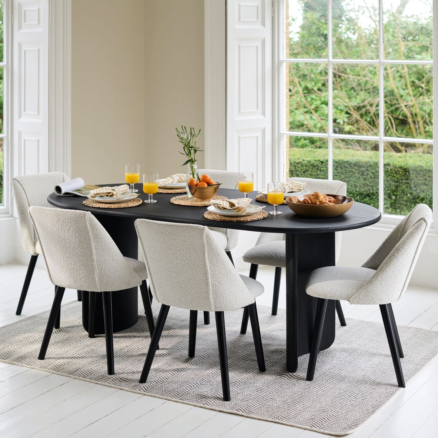 Imogen 190cm Jet Black Mangowood  Wooden Rectangular Dining Table Set - 6 Seater - Freya Oat Boucle Dining Chairs - Black Legs - Laura James