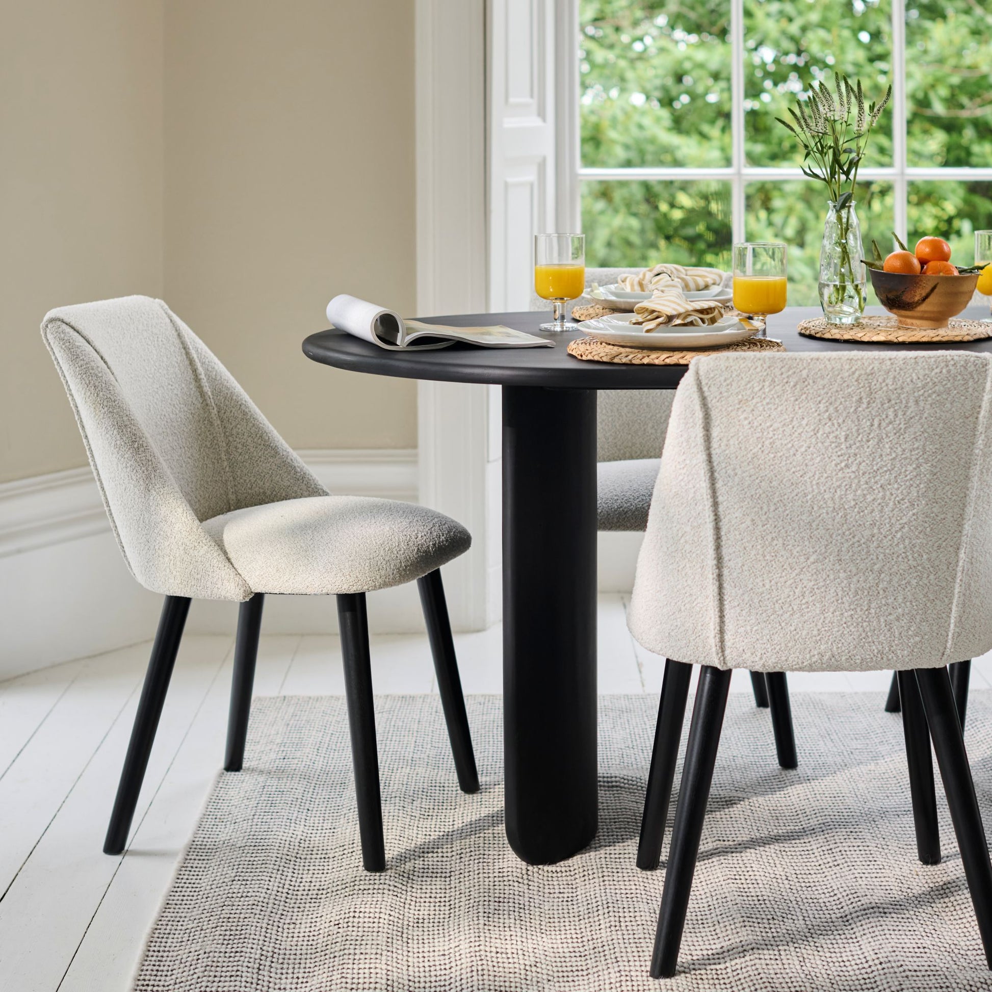 Imogen 190cm Jet Black Mangowood  Wooden Rectangular Dining Table Set - 6 Seater - Freya Oat Boucle Dining Chairs - Black Legs - Laura James
