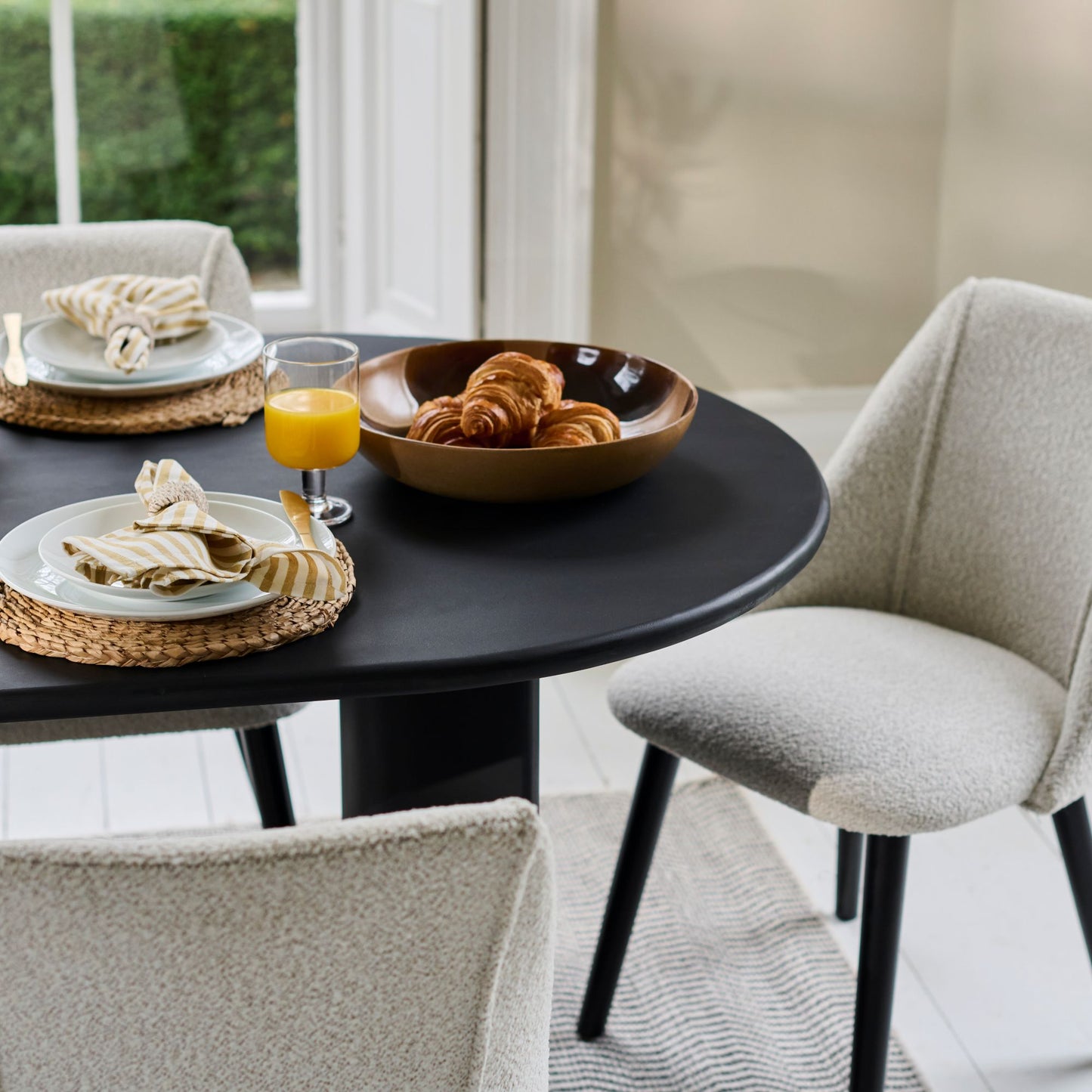 Imogen 190cm Jet Black Mangowood  Wooden Rectangular Dining Table Set - 6 Seater - Freya Oat Boucle Dining Chairs - Black Legs - Laura James