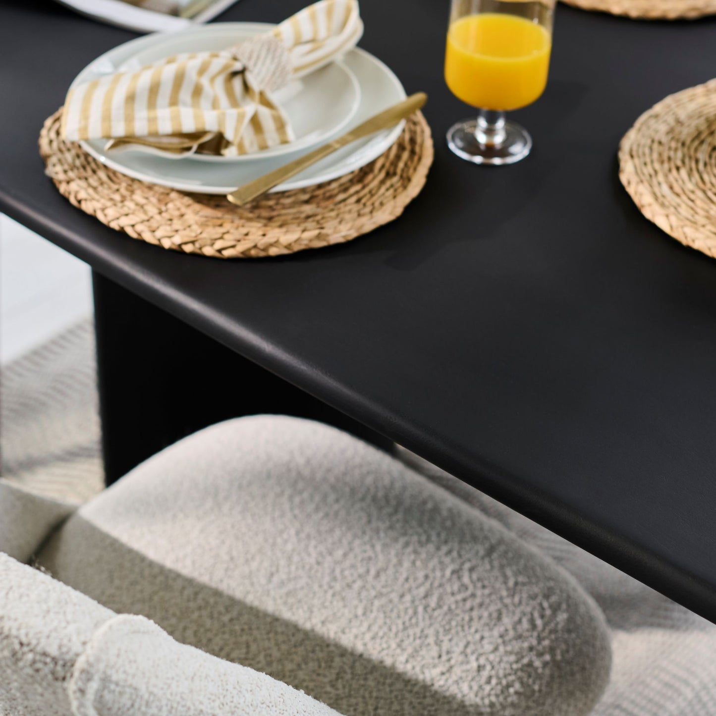 Imogen 190cm Jet Black Mangowood  Wooden Rectangular Dining Table Set - 6 Seater - Freya Oat Boucle Dining Chairs - Black Legs - Laura James