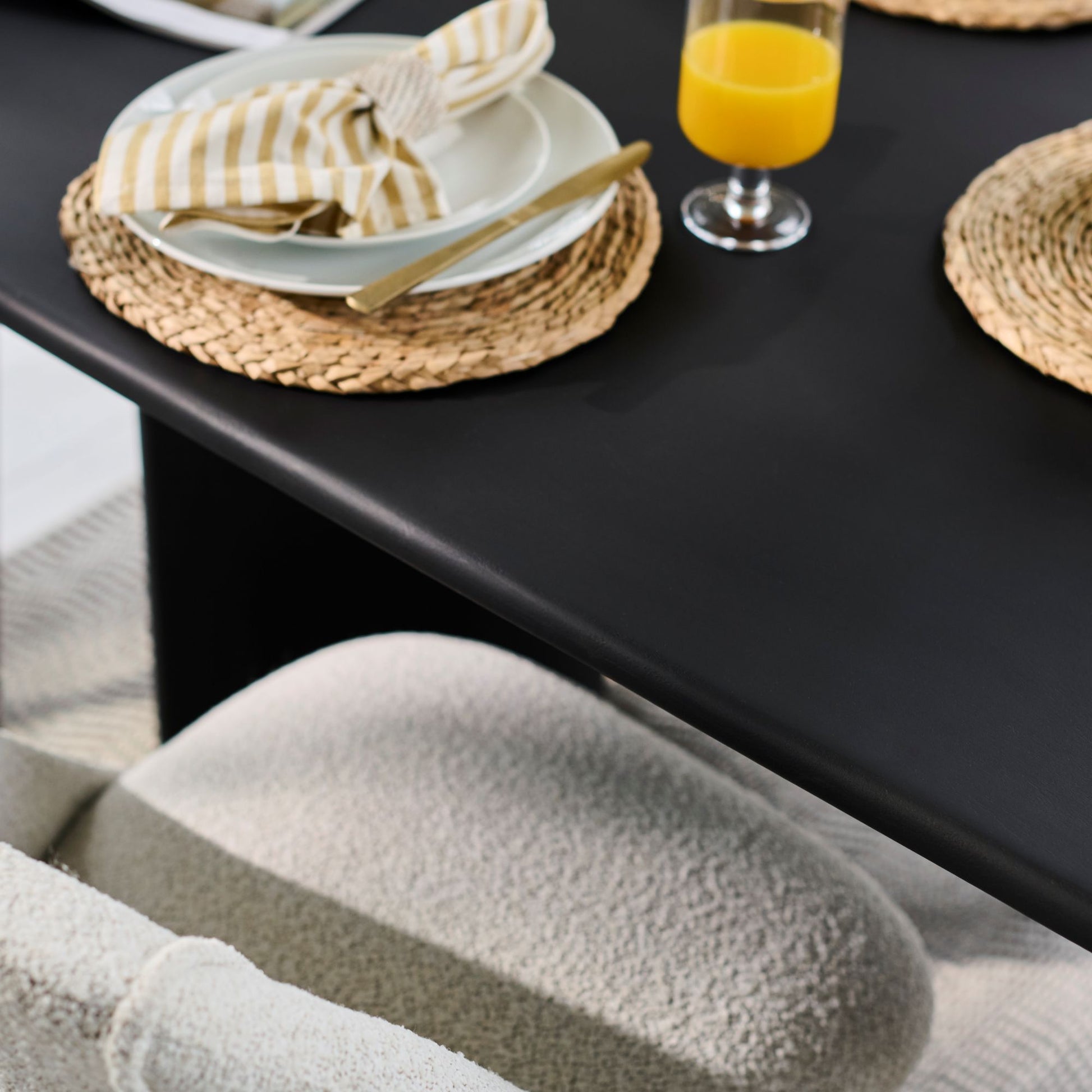 Imogen 190cm Jet Black Mangowood  Wooden Rectangular Dining Table Set - 6 Seater - Freya Oat Boucle Dining Chairs - Black Legs - Laura James