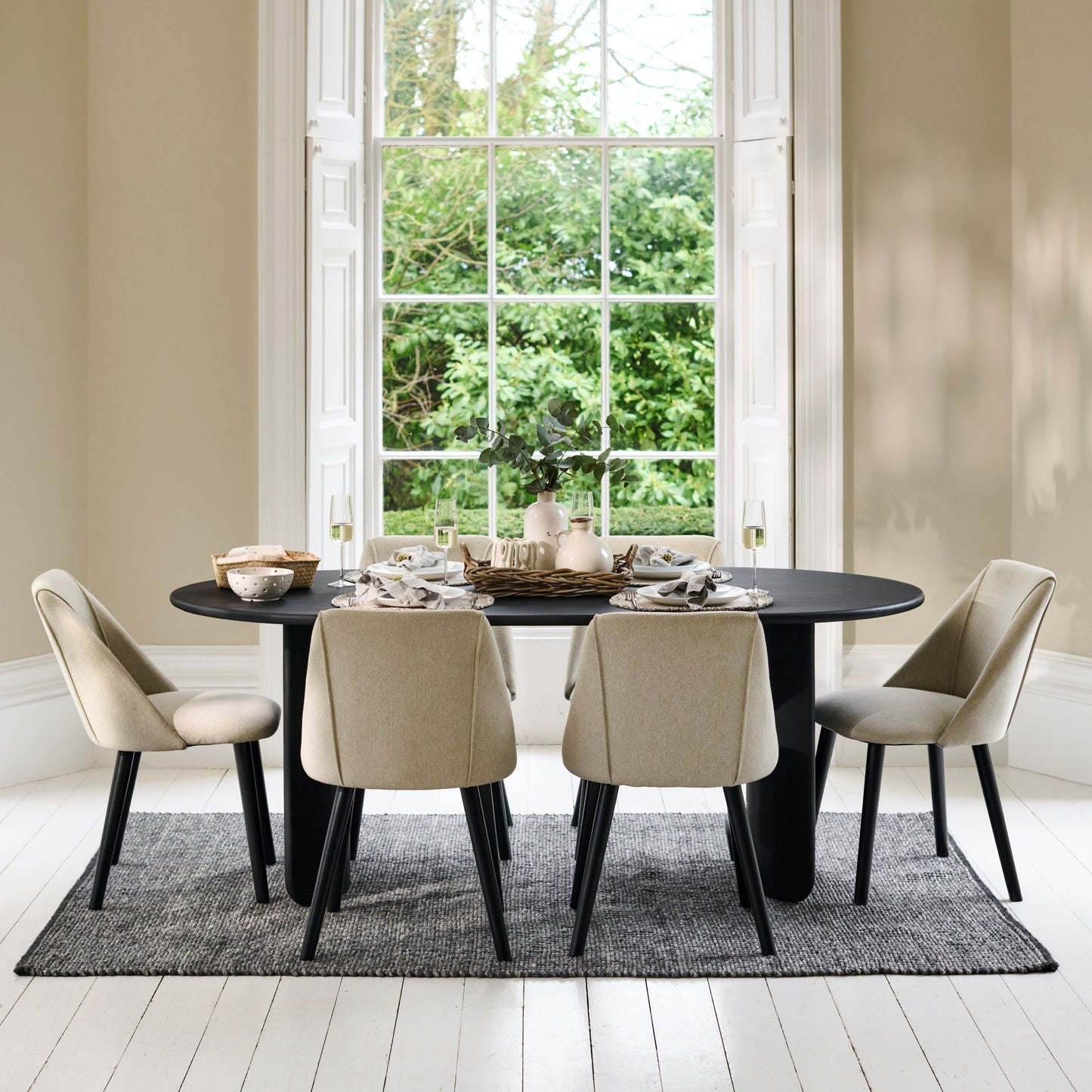 Imogen 190cm Jet Black Mangowood  Wooden Rectangular Dining Table Set - 6 Seater - Freya Sand Dining Chairs - Black Legs - Laura James