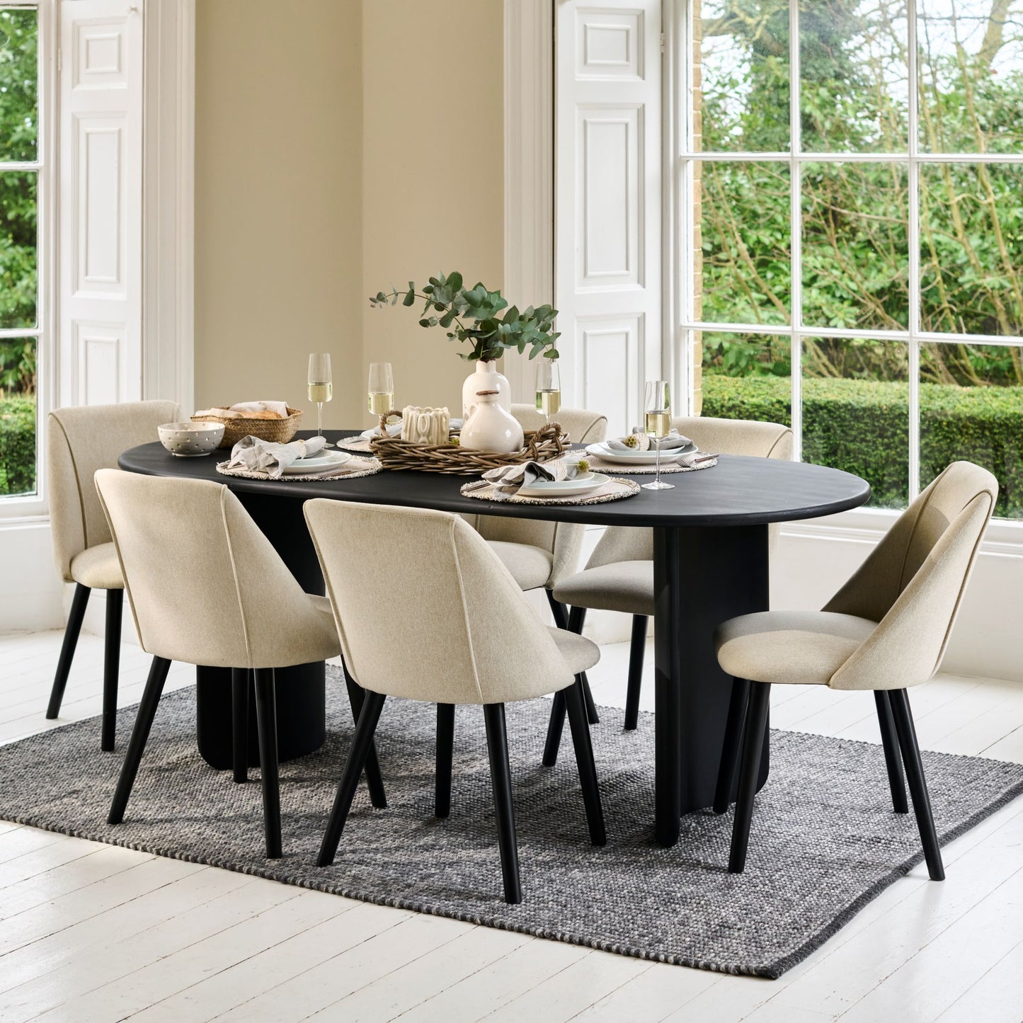 Imogen 190cm Jet Black Mangowood  Wooden Rectangular Dining Table Set - 6 Seater - Freya Sand Dining Chairs - Black Legs - Laura James