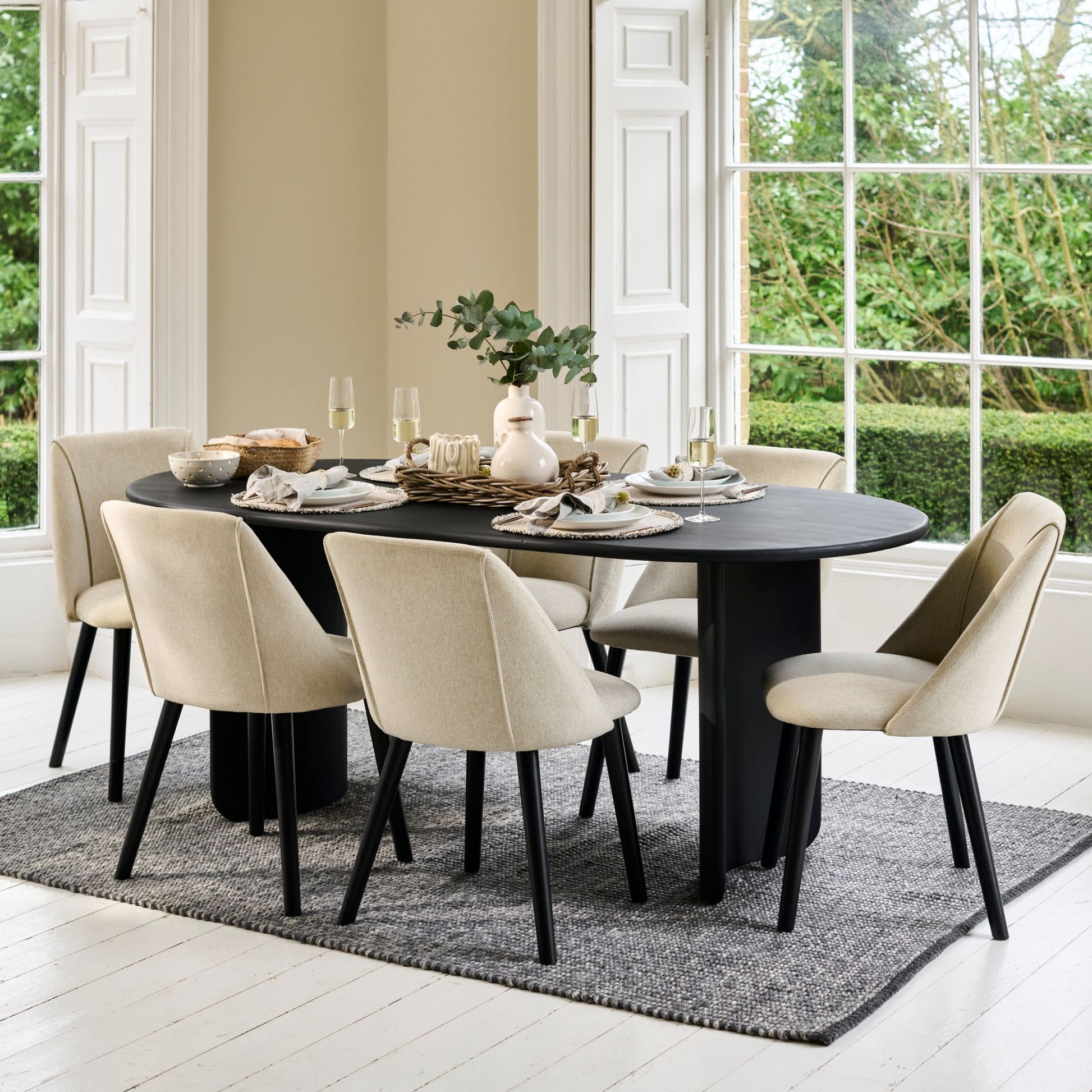 Imogen 190cm Jet Black Mangowood  Wooden Rectangular Dining Table Set - 6 Seater - Freya Sand Dining Chairs - Black Legs - Laura James