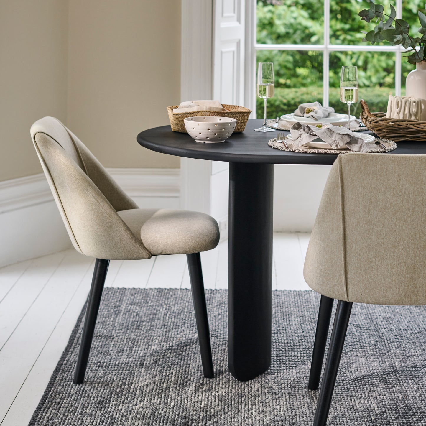 Imogen 190cm Jet Black Mangowood  Wooden Rectangular Dining Table Set - 6 Seater - Freya Sand Dining Chairs - Black Legs - Laura James