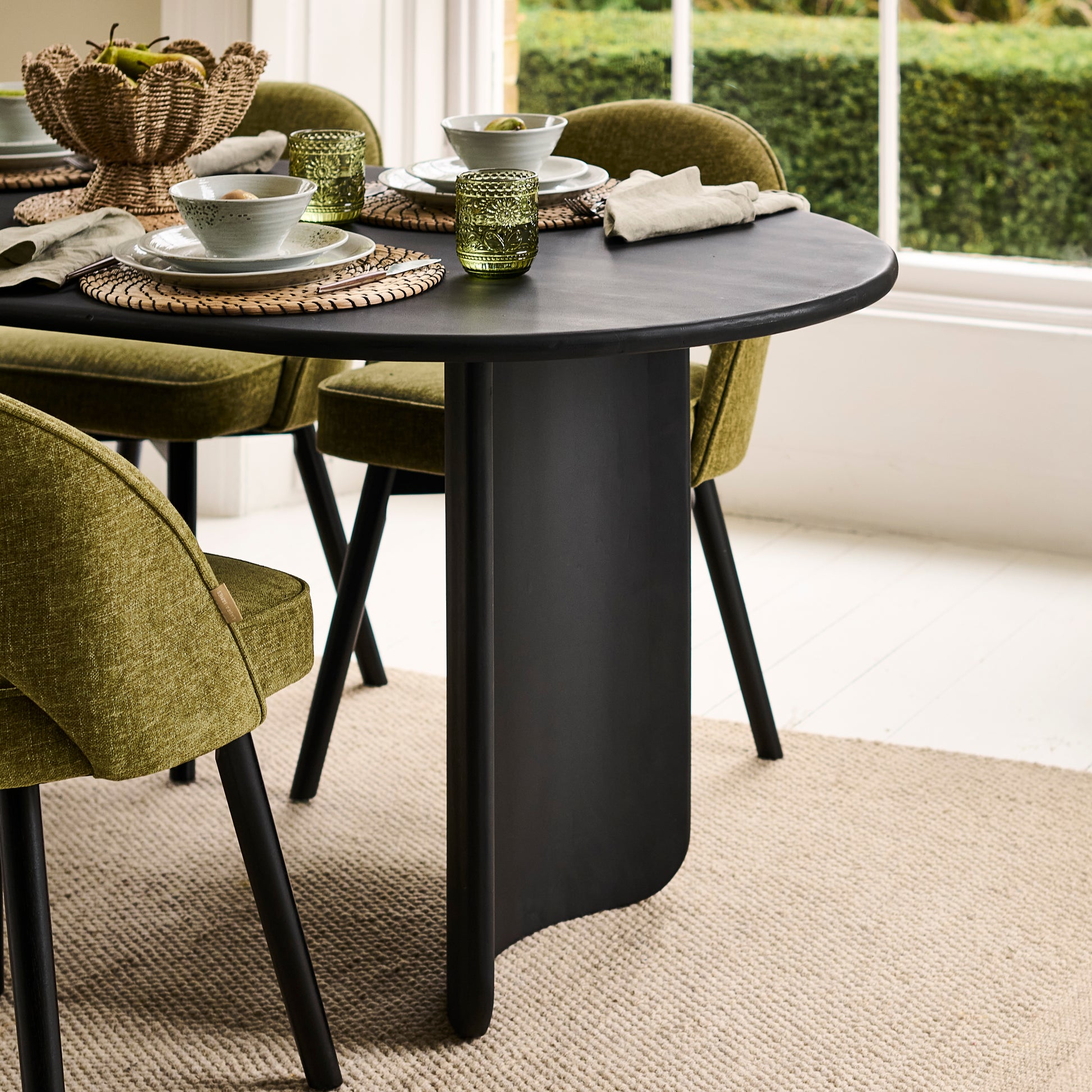Imogen 190cm Black Mango Wood Dining Table Set  - 6 Seater - Marilyn Moss Green Dining Chairs - Black Legs - Laura James