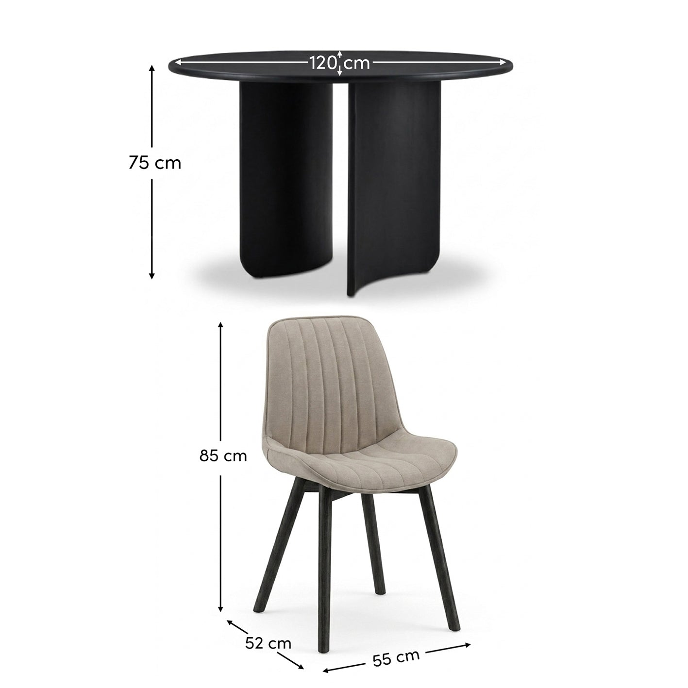Imogen 120cm Jet Black Mango Wood Round Dining Table Set  - 4 Seater - Bella Soft Beige Dining Chairs - Black Oak Legs - Laura James 