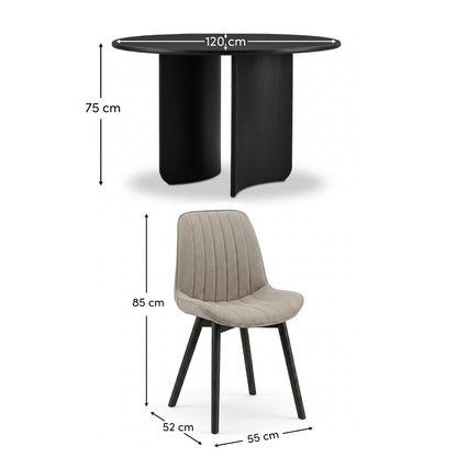 Imogen 120cm Jet Black Mango Wood Round Dining Table Set  - 4 Seater - Bella Soft Beige Dining Chairs - Black Oak Legs - Laura James 