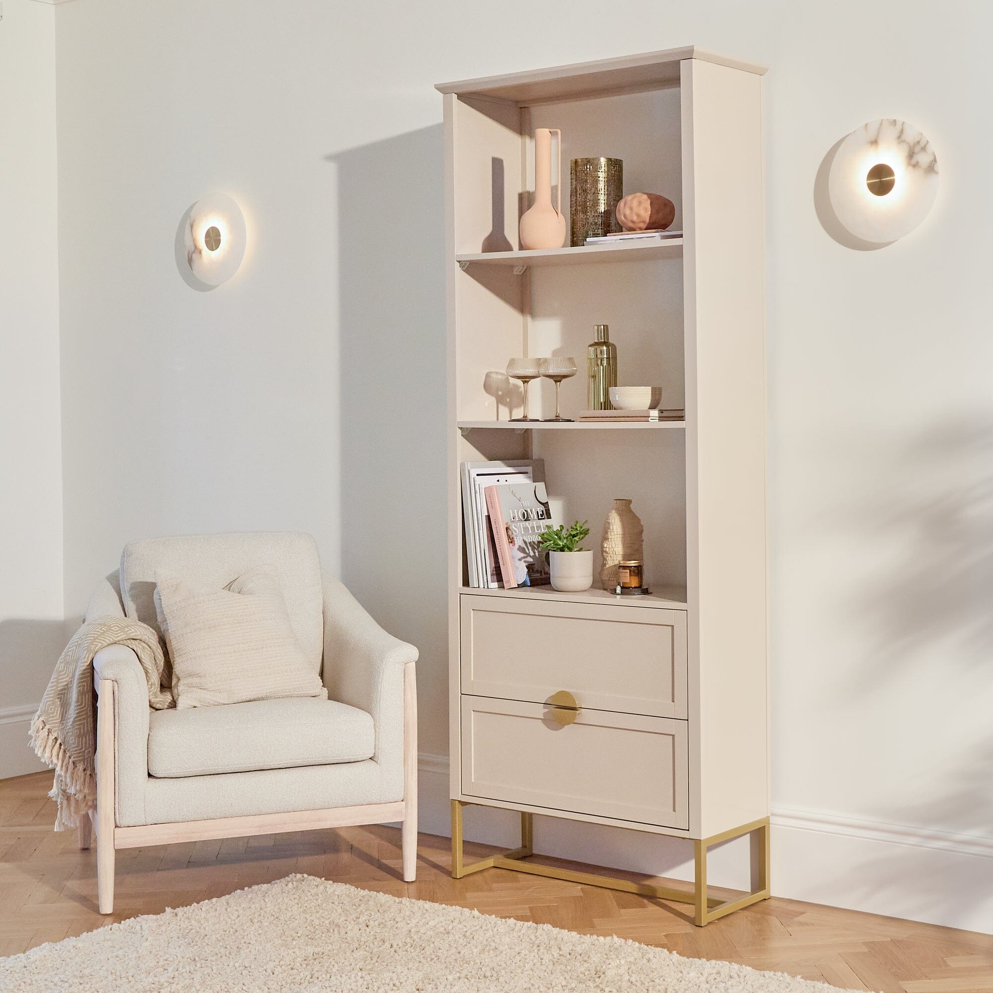 Ines Tall Bookcase in Taupe & Gold – Laura James