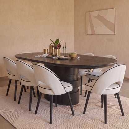 Adam 240cm Jet Black Mango Wood Oval Dining Table Set - 8 Seater - Marilyn Ivory with Jet Black Piping Dining Chairs - Black Oak Legs - Laura James 