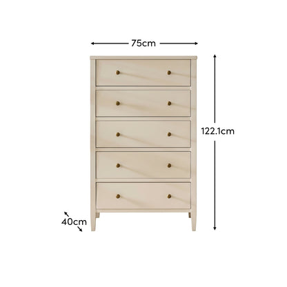 Ivy 5 Drawer Tall Chest of Drawers - Ivory White - Laura James