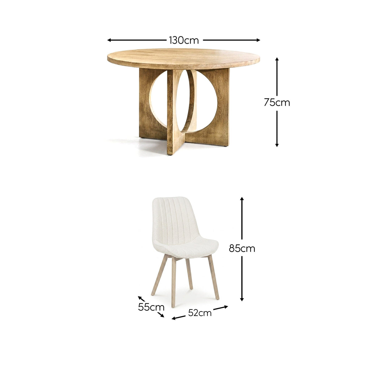 Jade 130cm Chalked Mango Wood Round Dining Table Set - 4 Seater - Bella Boucle Dining Chairs - Chalked Mango Wood Legs - Laura James 