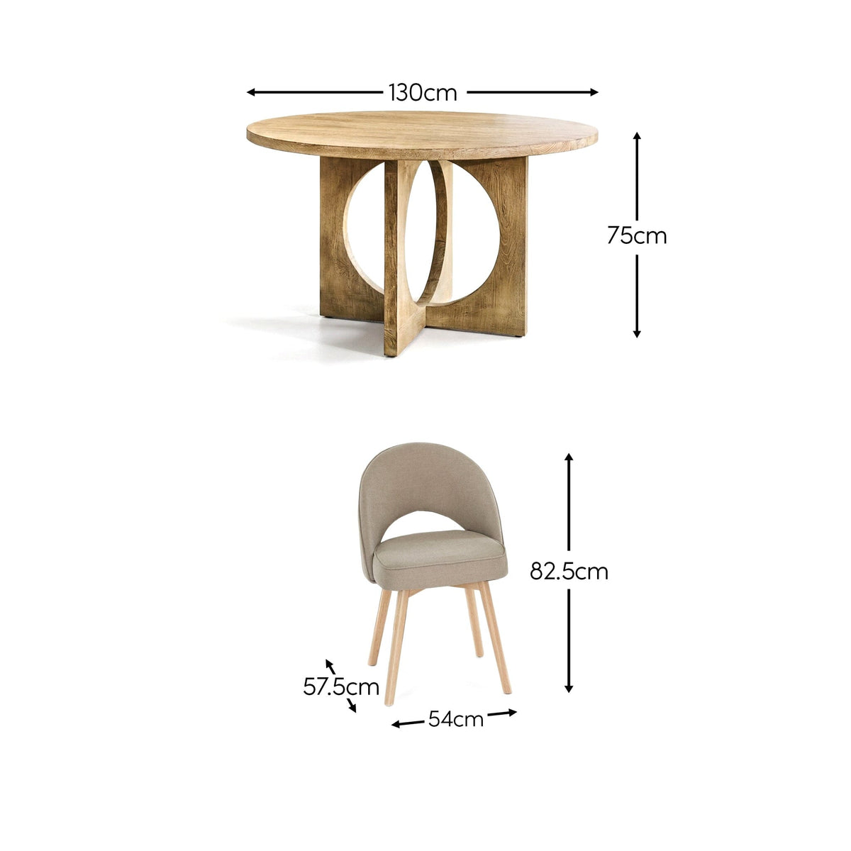 Jade 130cm Chalked Mango Wood Round Dining Table Set - 4 Seater - Marilyn Soft Beige Dining Chairs - Chalked Mango Wood Legs - Laura James 