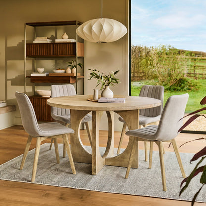 Jade 130cm Chalked Mango Wood Round Dining Table Set - 4 Seater - Bella Soft Beige Dining Chairs - Chalked Mango Wood Legs - Laura James 