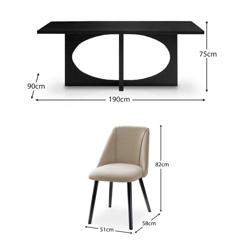 Jade Black Acaica Table Set- 6 Seater - Freya Sand Dining Chairs - Black Oak Legs - Laura James 