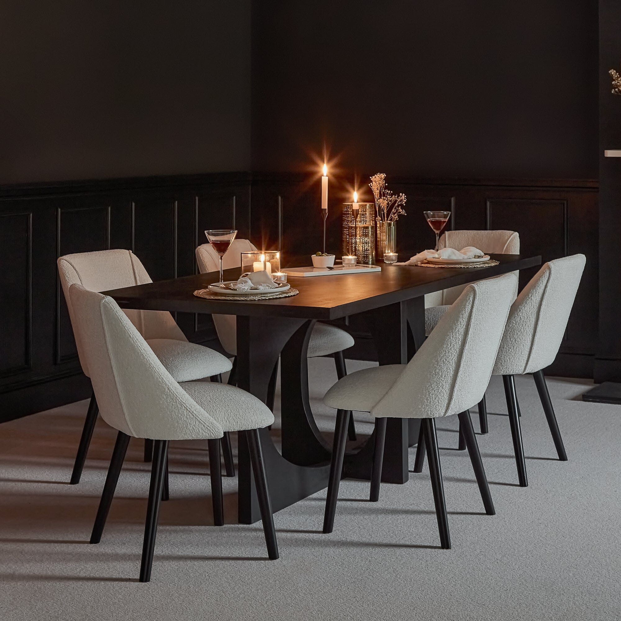 Jade 6 Seater Rectangular Jet Black Acacia Wood Dining Table with Freya ...