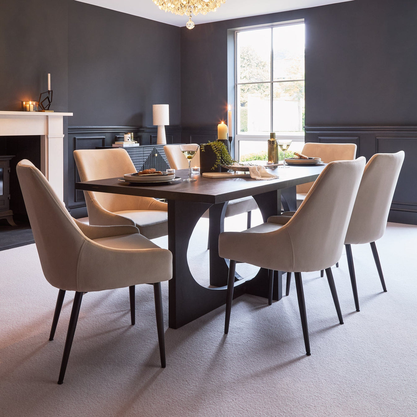 Jade 6 Seater Rectangular Jet Black Acacia Wood Dining Table with Maeve ...