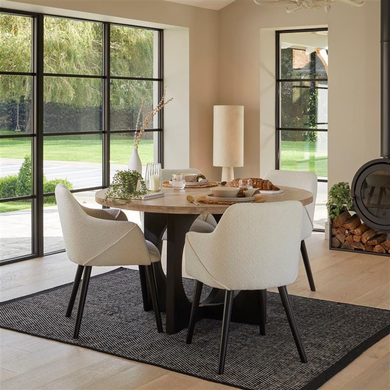 Jade Round Mango Wood 4 Seater Dining Set with Freya Boucle Armchairs ...