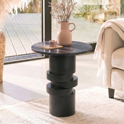 Adam 45cm Jet Black Mango Wood & Black Marble Round Side Table - Laura James 