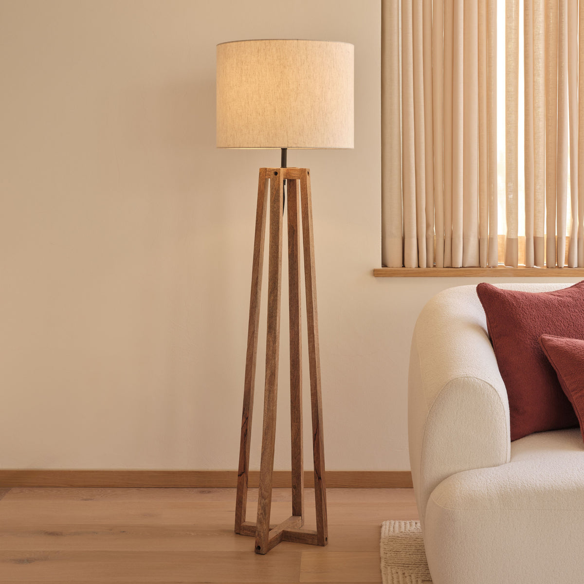 Konduru 150cm Floor Lamp Base - Natural Fabric and Natural Mango Wood - Laura James 