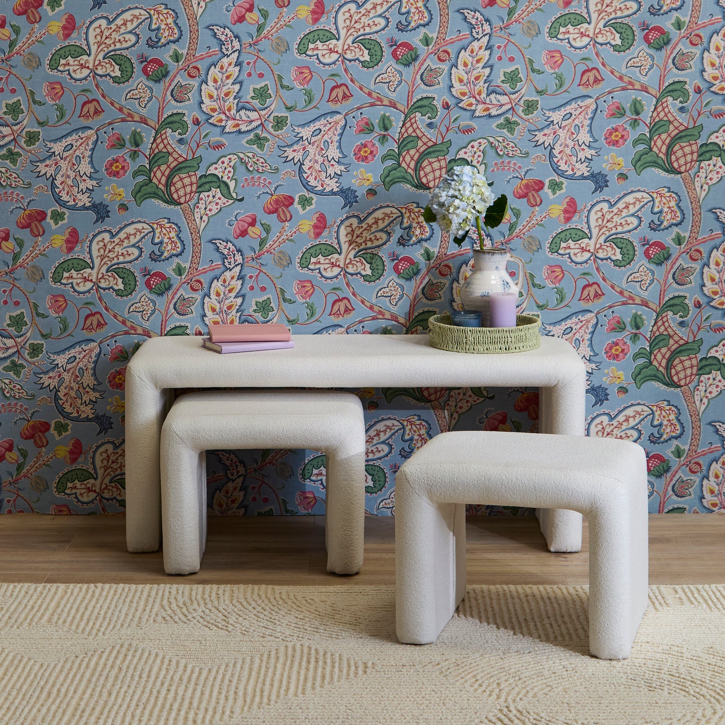 Kamiko Dining Nesting Bench & Stools - Chalk White Boucle - Laura James