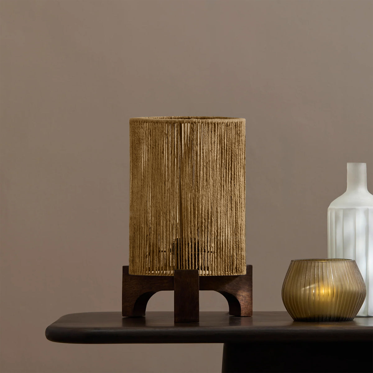 Konduru Taupe Jute & Mangowood Table Lamp - 30cm - Laura James 