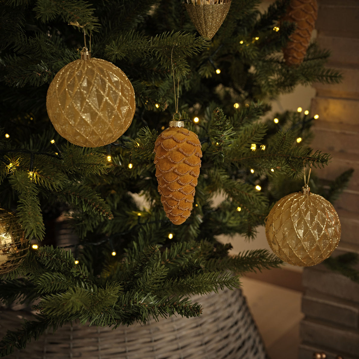 Varde 12.5cm Glass Pinecone Bauble - Amber Yellow Flocked