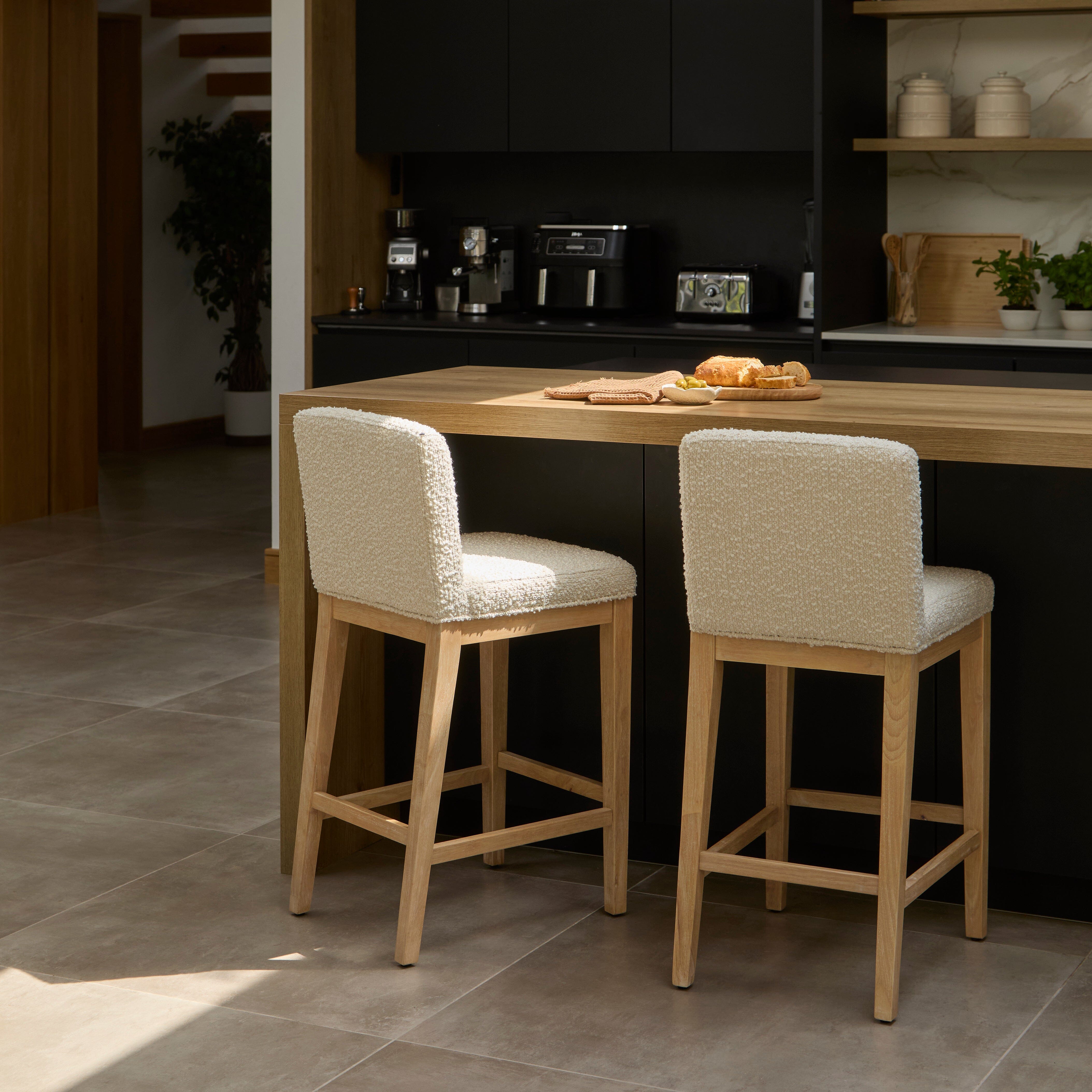 Nolan Boucle Bar Stool - Whitewash Oak Legs – Laura James