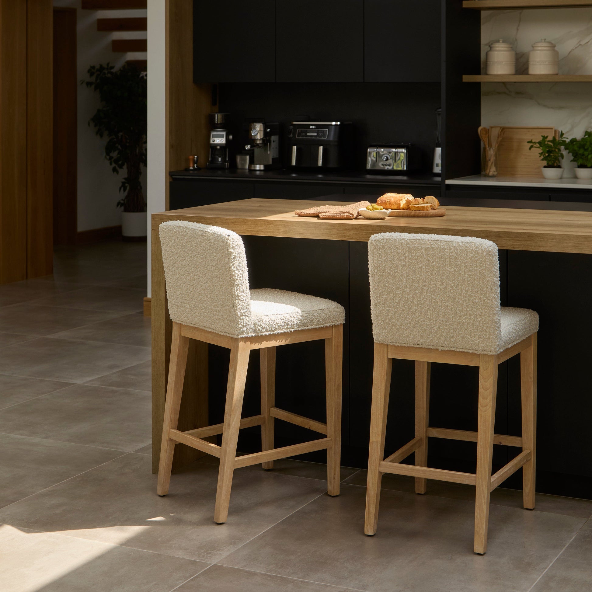 Nolan White Boucle Bar Stool - Whitewash Oak Legs - Laura James