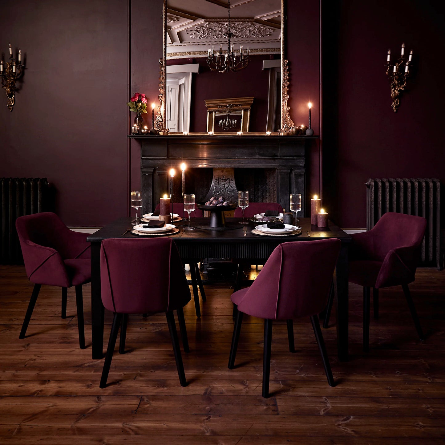 Raleigh Black Dining Table Set - 6 Seater - 4 Freya Burgundy Red Dining Chairs & 2 Freya Burgundy Red Armchairs - Black Oak Legs - Laura James