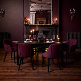 Raleigh Black Dining Table Set - 6 Seater - 4 Freya Burgundy Red Dining Chairs & 2 Freya Burgundy Red Armchairs - Black Oak Legs - Laura James