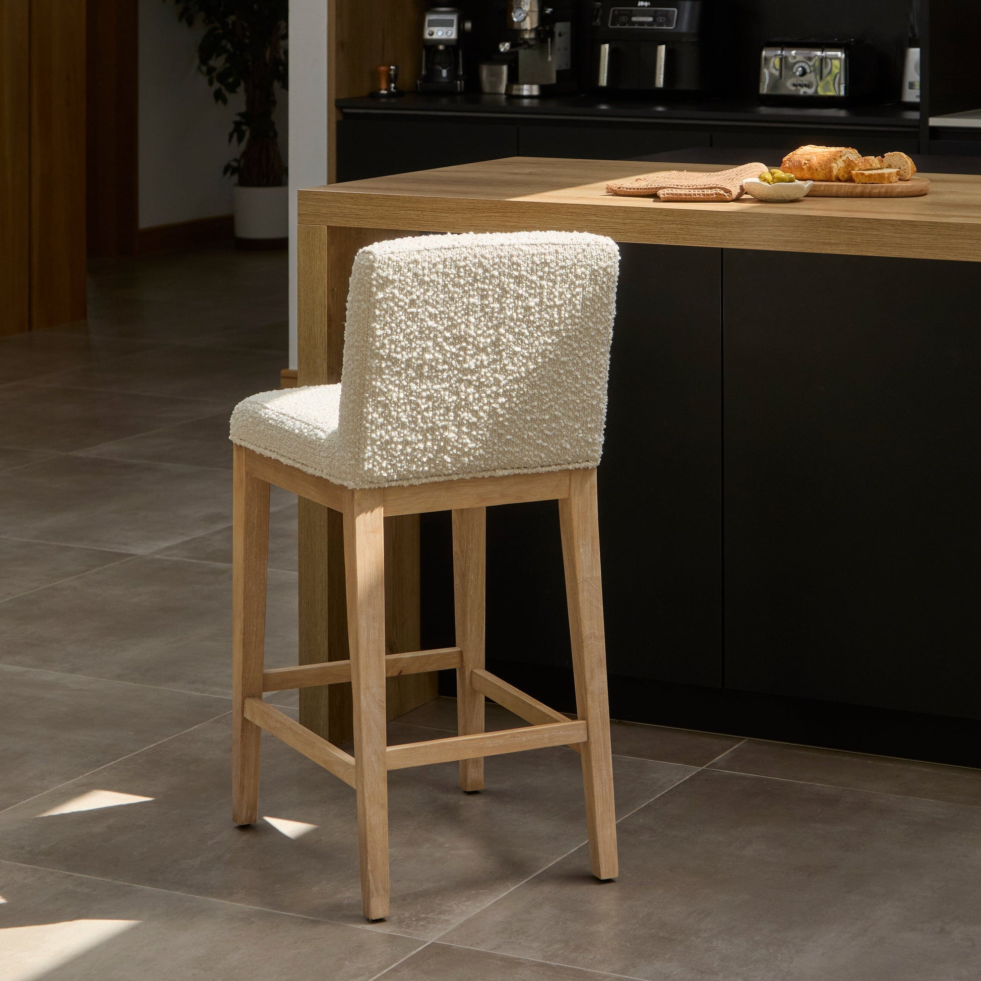 Nolan White Boucle Bar Stool - Whitewash Oak Legs - Laura James