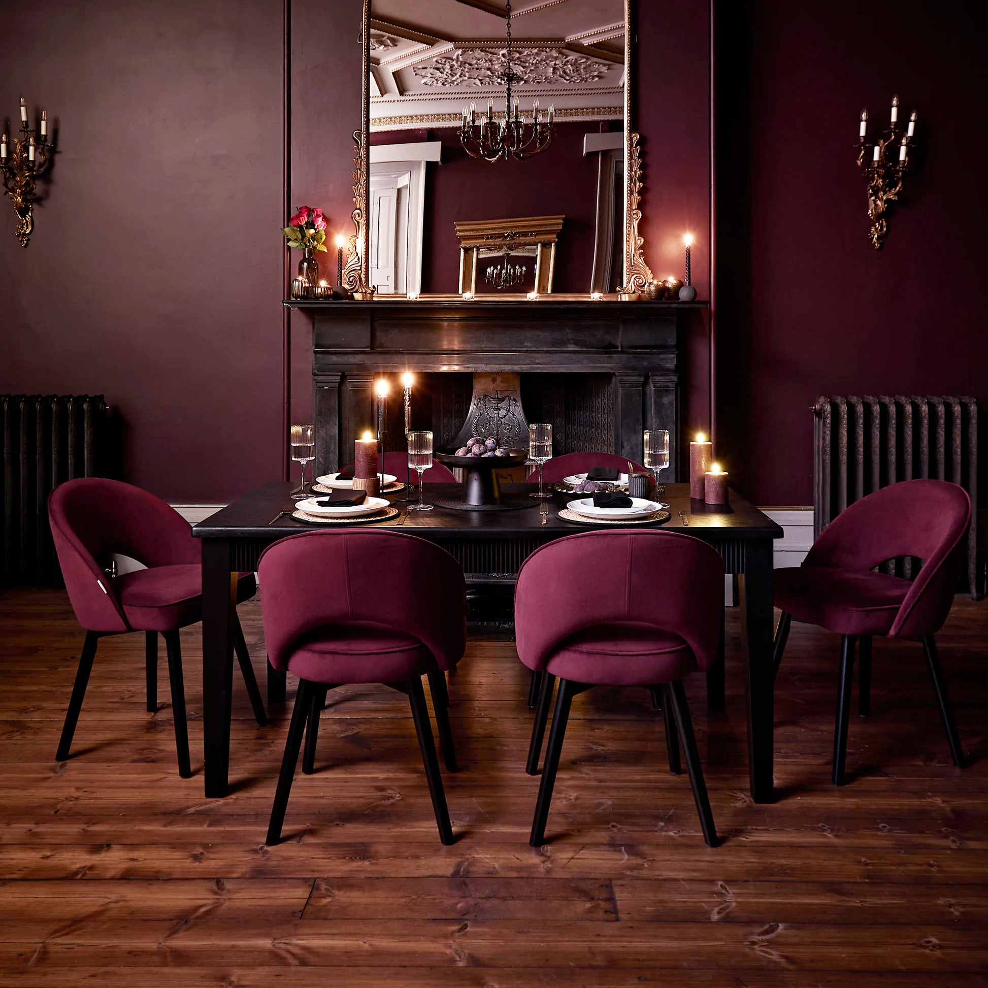 Raleigh Black Dining Table Set - 6 Seater - Marilyn  Burgundy Red Dining Chairs - Black Oak Legs - Laura James 