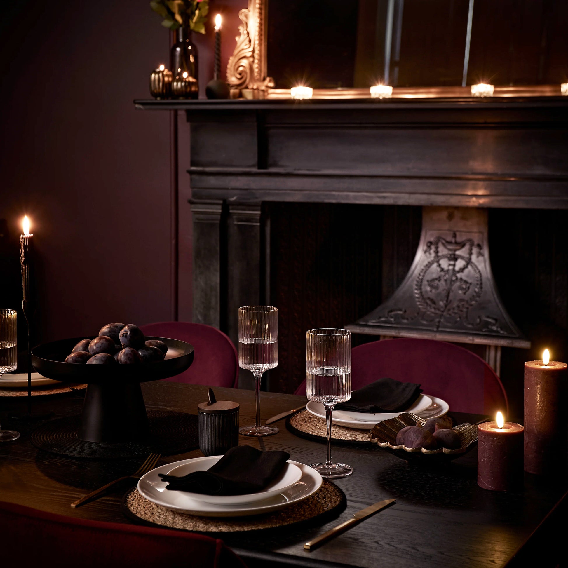 Raleigh Black Dining Table Set - 6 Seater - Marilyn  Burgundy Red Dining Chairs - Black Oak Legs - Laura James 