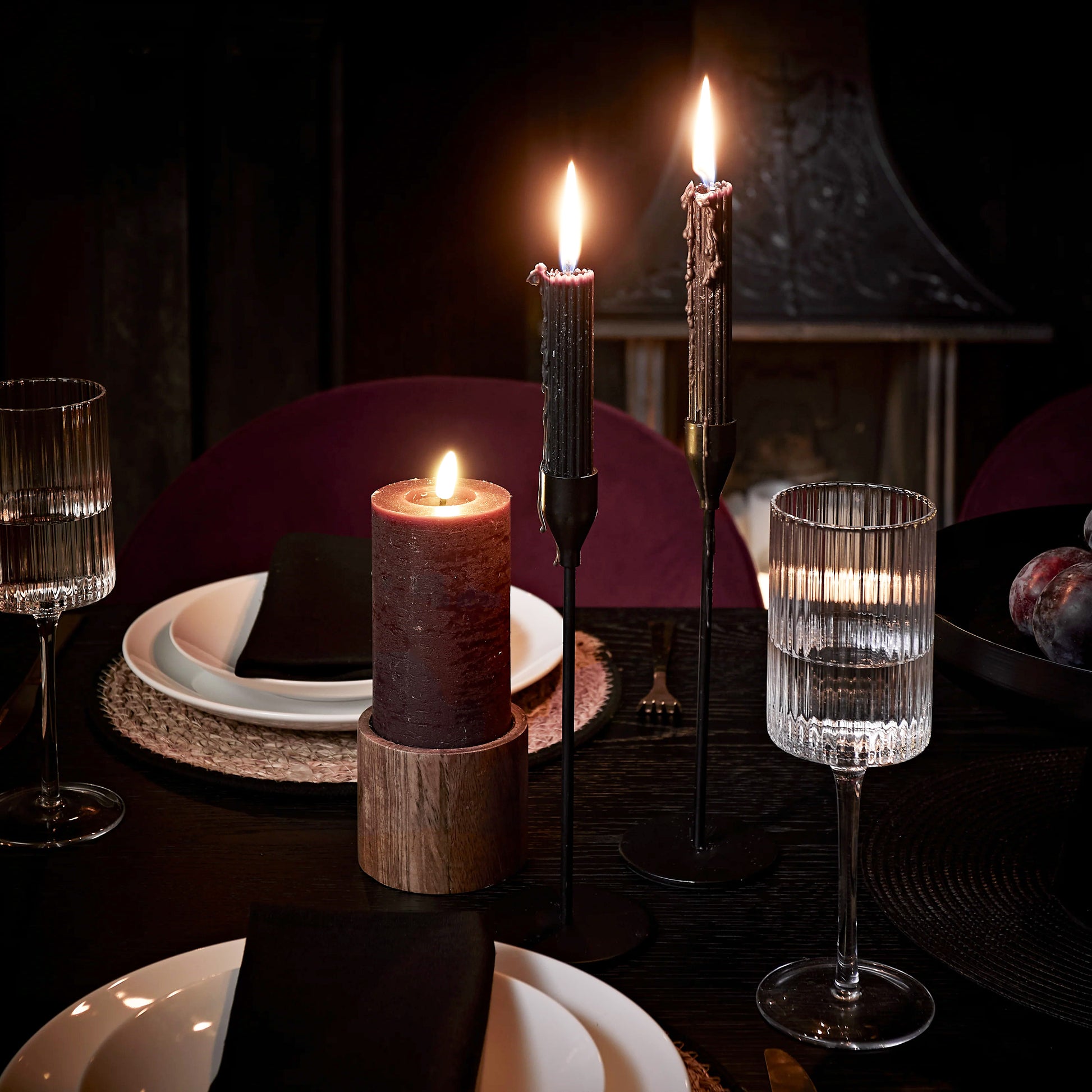 Raleigh Black Dining Table Set - 6 Seater - Marilyn  Burgundy Red Dining Chairs - Black Oak Legs - Laura James 