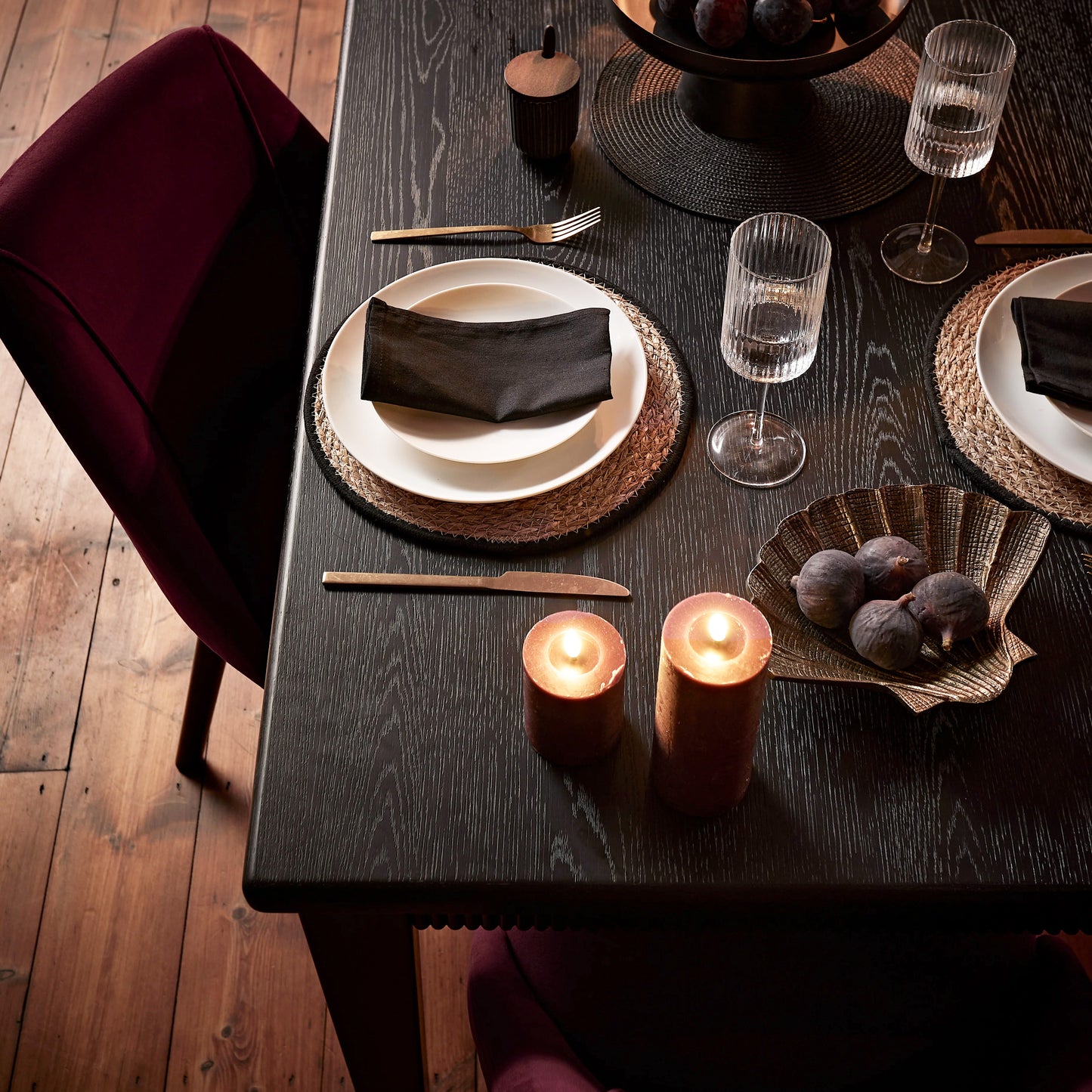 Raleigh Black Dining Table Set - 6 Seater - 4 Freya Burgundy Red Dining Chairs & 2 Freya Burgundy Red Armchairs - Black Oak Legs - Laura James